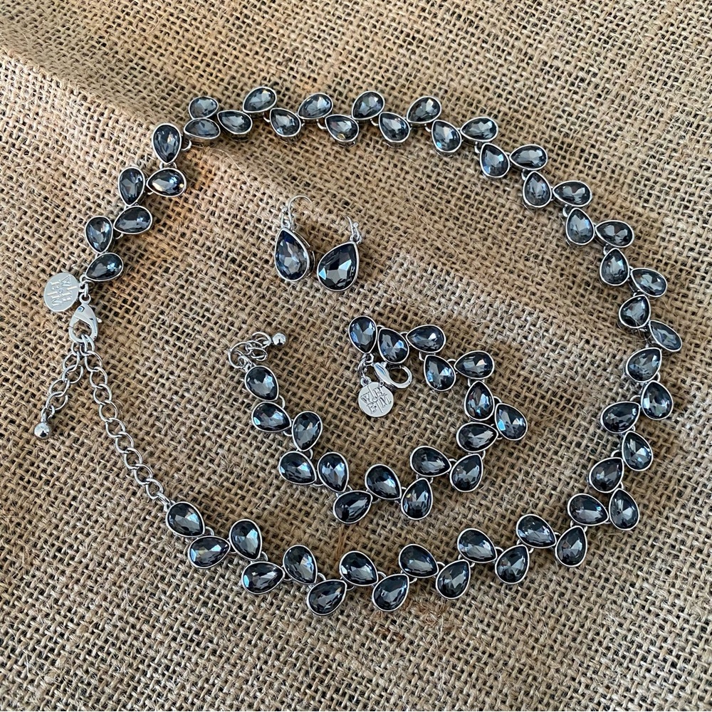 White House Black Market Necklace, Bracelet & Earrings- Black Crystals on Silver